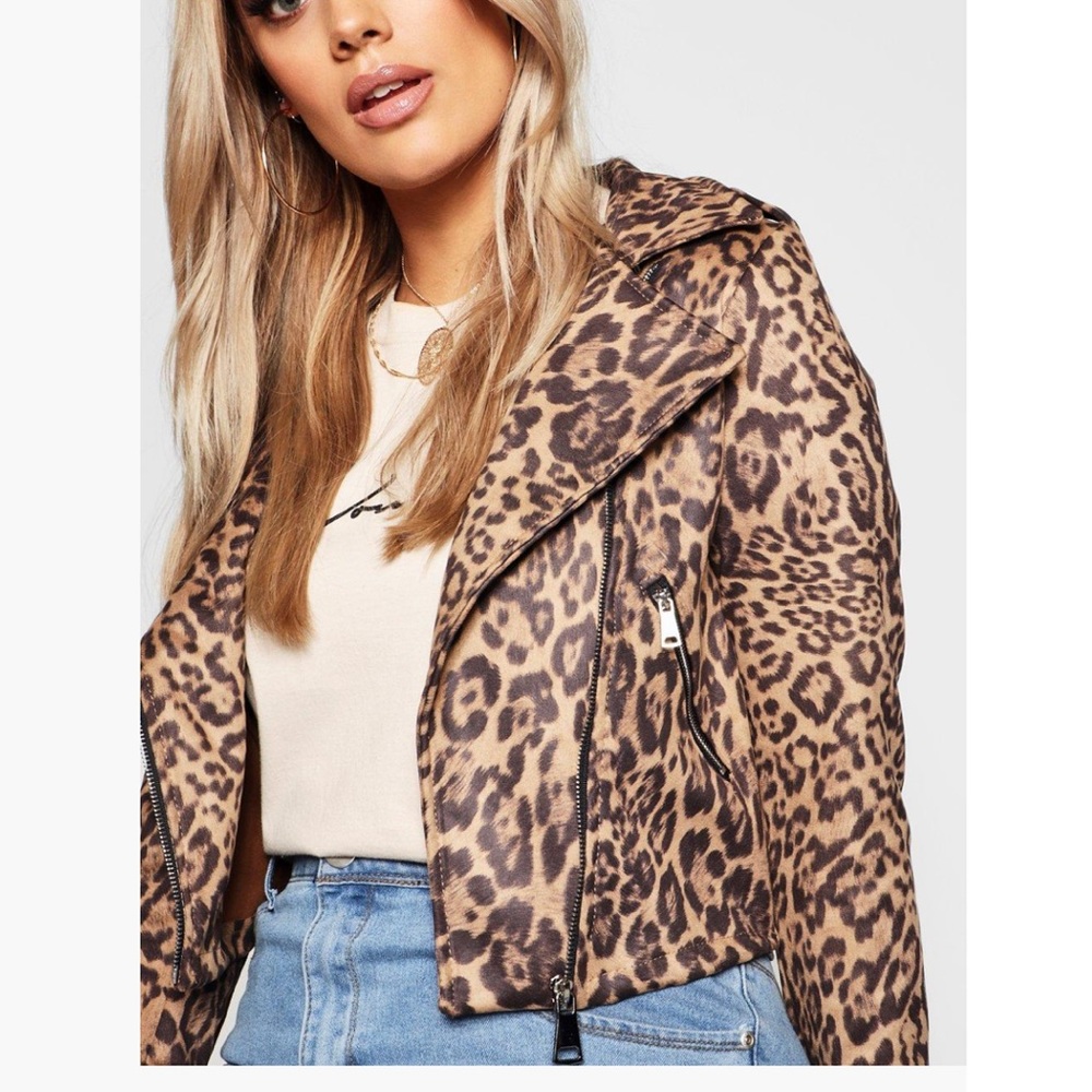Boohoo Plus Leopard Print Suedette Biker Jacket